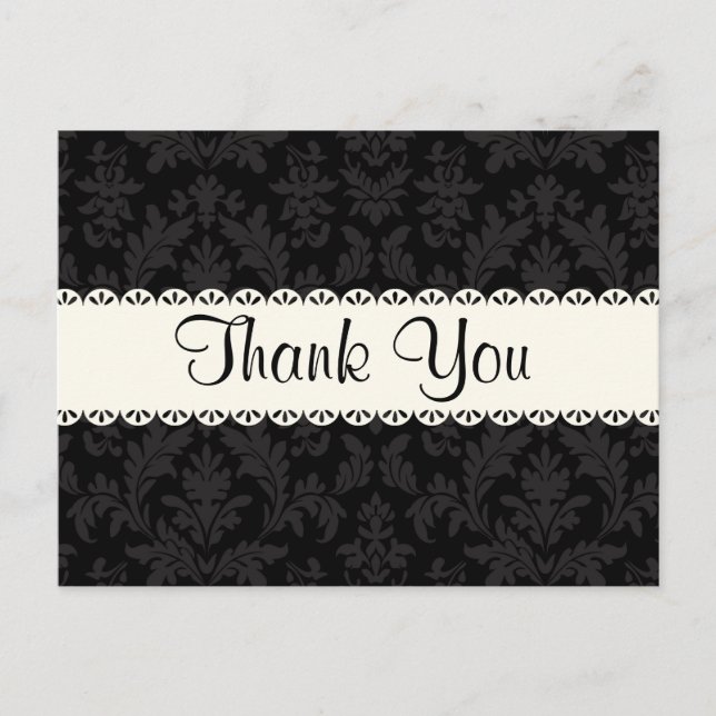 Thank You Black and Gray Damask Floral  Post Card (Front)