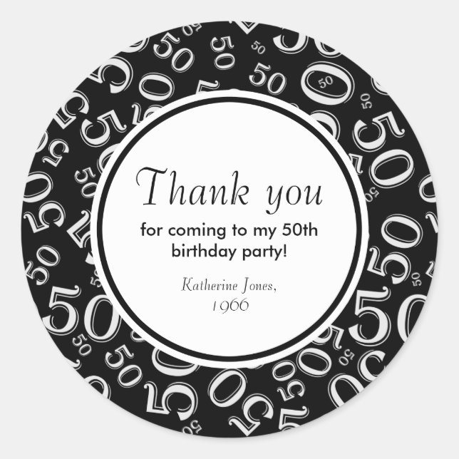 Thank You: Black and White 50th Birthday Party Classic Round Sticker (Front)