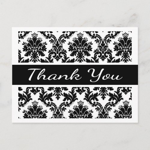 Thank You Black And White Damask Floral  Postcard