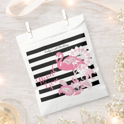 Thank You Black and White Stripe Pink Flamingo Favor Bag