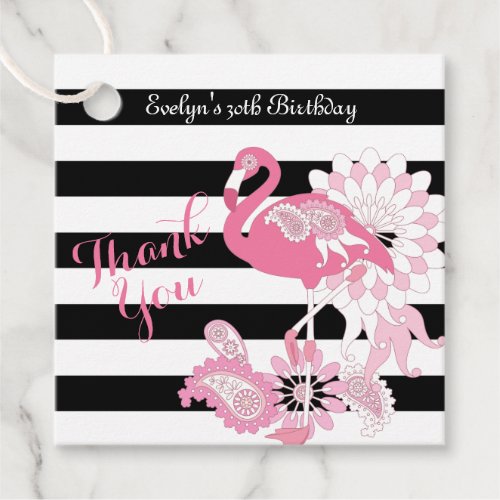 Thank You Black and White Stripe Pink Flamingo Favor Tags