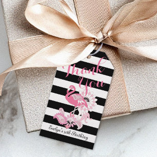 Thank You Black and White Stripe Pink Flamingo Gift Tags