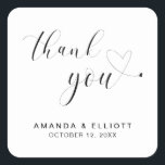 Thank You Black and White Typography Wedding Square Sticker<br><div class="desc">Typography wedding favor stickers featuring the message, "Thank You" in black calligraphy with a heart swash at the end and your names and date below, over a white background. The simple and minimal layout and lots of open space give this design a modern feel and the calligraphy lettering and heart...</div>