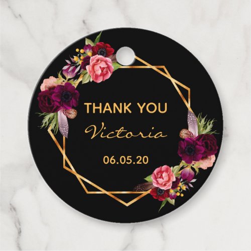 Thank You black floral gold geometric burgundy Favor Tags