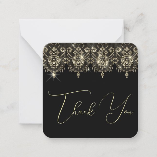 Thank you black gold lace elegant sparkle look note card (Front)
