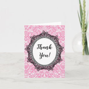 Thank You Black Lace Frame Pink Victorian Damask Card