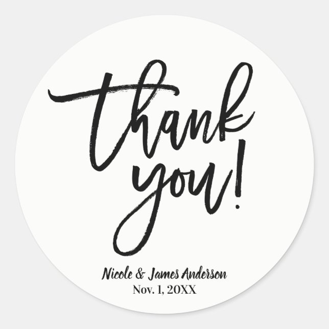 THANK YOU Black Modern Script Wedding Favor Classic Round Sticker (Front)