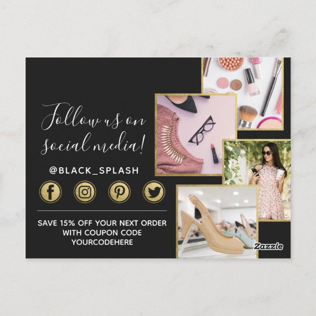 Thank You Black Paint Stroke & Gold 4-Photo Postcard (Back)