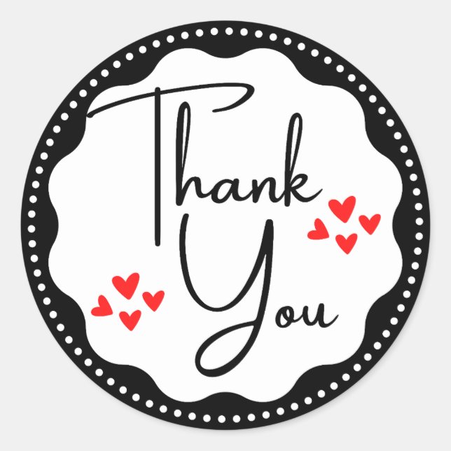 Thank You Black Red Hearts Classic Round Sticker (Front)
