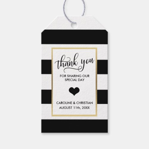 THANK YOU Black Stripes White Gold  Heart Wedding Gift Tags