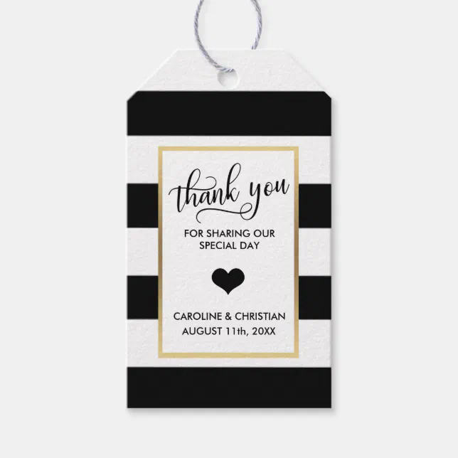 THANK YOU Black Stripes White Gold Heart Wedding Gift Tags | Zazzle