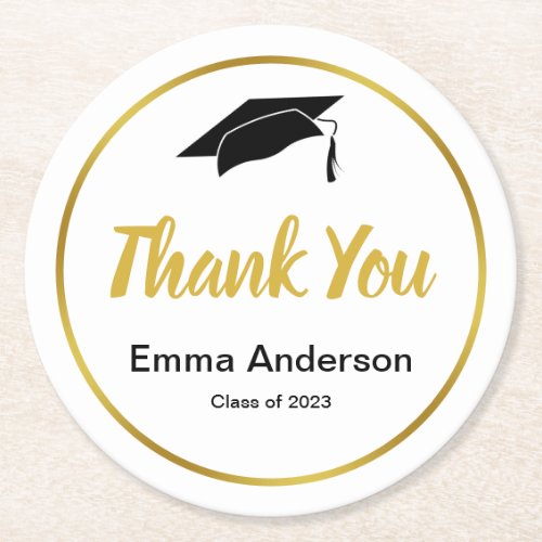 Thank You Black White and Gold Class of 2023 Round Paper Coaster