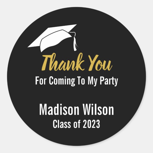 Thank You Black White and Gold Script Graduation Classic Round Sticker (Front)