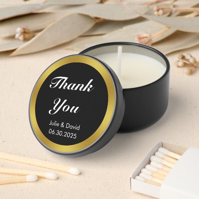 Thank You Black White and Gold Wedding Date Names Mini Candle Favors (Insitu)