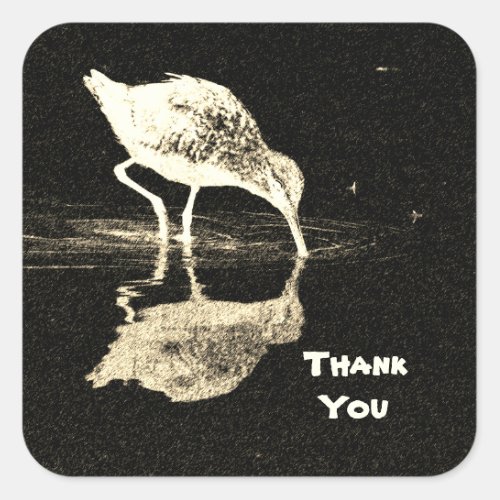 Thank You Black White Beach Bird with Reflection Square Sticker