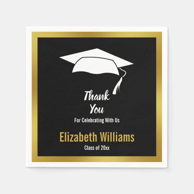 Thank You Black White Gold Grad Name Graduation Napkins (Front)