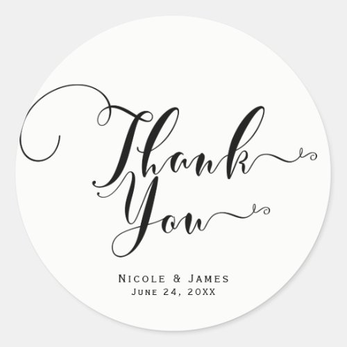 Thank You Black White Script Custom Wedding Favor Classic Round Sticker