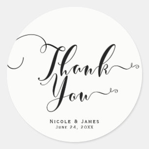 Thank You Black White Script Custom Wedding Favor Classic Round Sticker