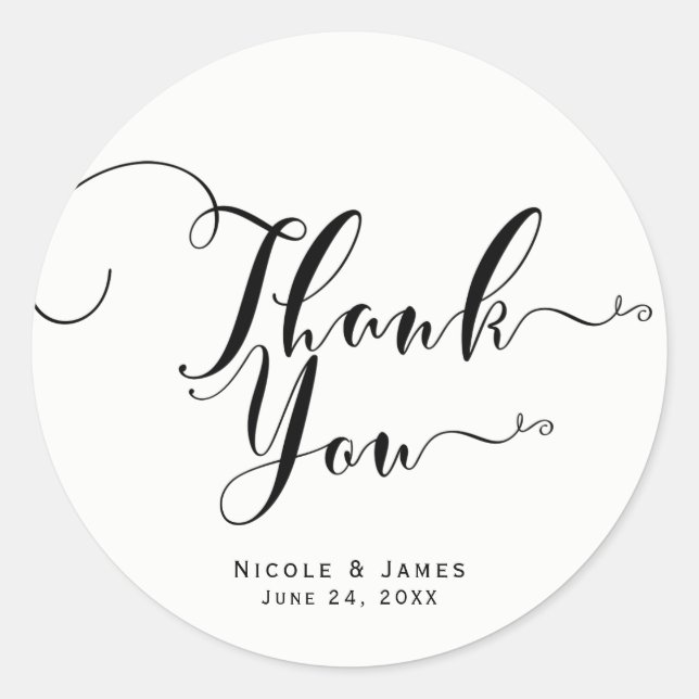 Thank You Black White Script Custom Wedding Favor Classic Round Sticker (Front)