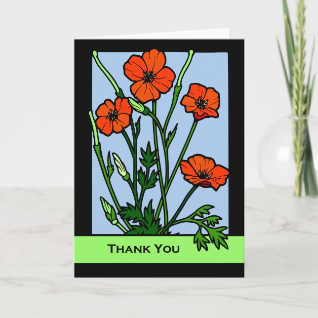 Thank You Blank Card, Red Poppies Illustration (Front)