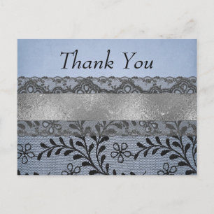 Thank you Blue and Black Faux Lace with Silver Postcard