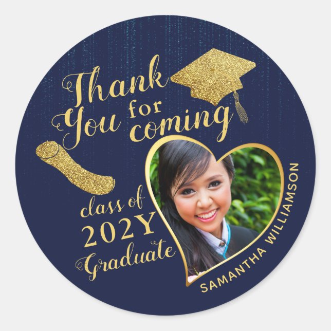 Thank You Blue and Gold 2026 Graduation Favor Classic Round Sticker (Front)