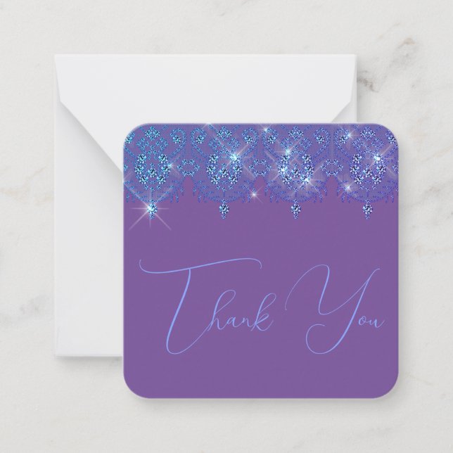 Thank you blue and purple lace elegant sparkle note card (Front)