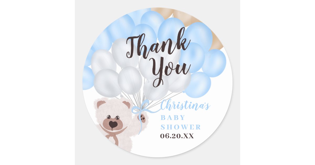 Thank you blue balloon bear boy baby shower classic round sticker | Zazzle