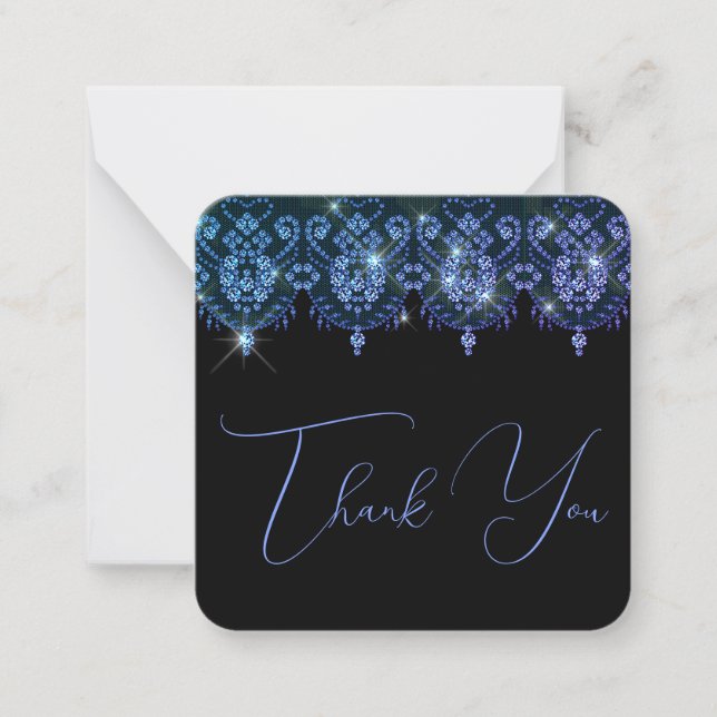 Thank you blue black lace sparkle look elegant  note card (Front)