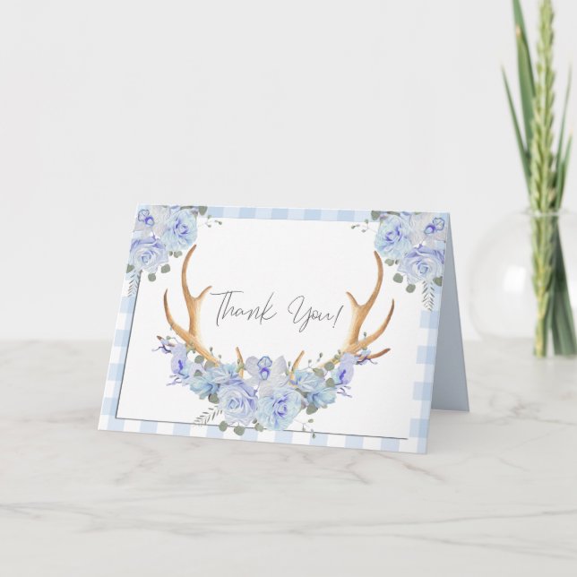 Thank You | Blue Gingham BOHO Floral Antlers Card (Front)