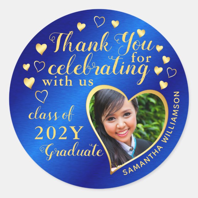 Thank You Blue & Gold 2025 Party Graduation Favor Classic Round Sticker (Front)