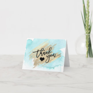 THANK YOU Blue Gold Brush Stroke Heart Watercolor
