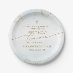 Thank You Blue Gold Cross Boy First Holy Communion Paper Plates