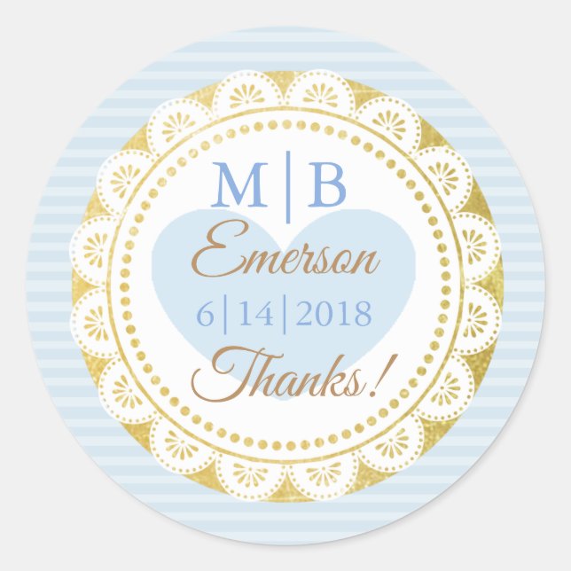 Thank You Blue Gold Personalized Wedding Stickers (Front)
