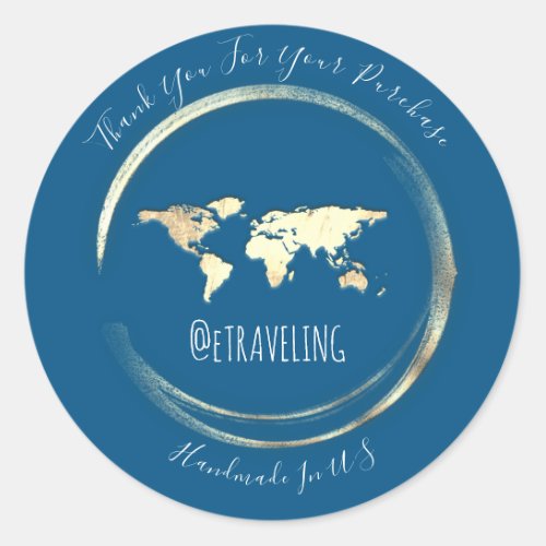 Thank You Blue Gold World Map Travel Office Globe  Classic Round Sticker
