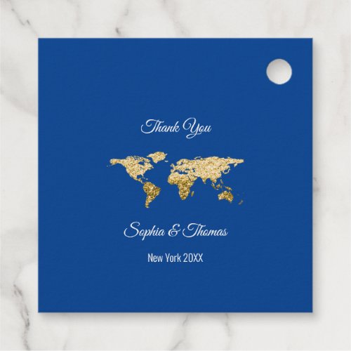 Thank You Blue Golden World Map Destination Globe Foil Favor Tags
