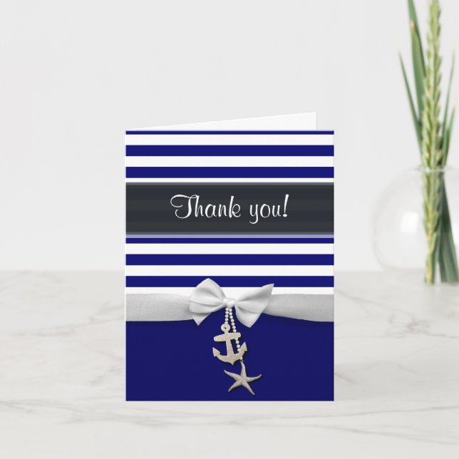 Thank You Blue Nautical stripe & faux white ribbon Card (Front)