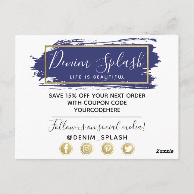 Thank You Blue Paint Stroke & Modern Gold Geo Postcard (Back)