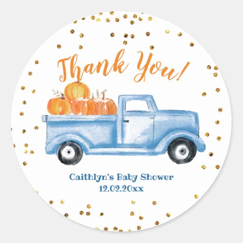 Thank you blue pumpkin truck favor sticker