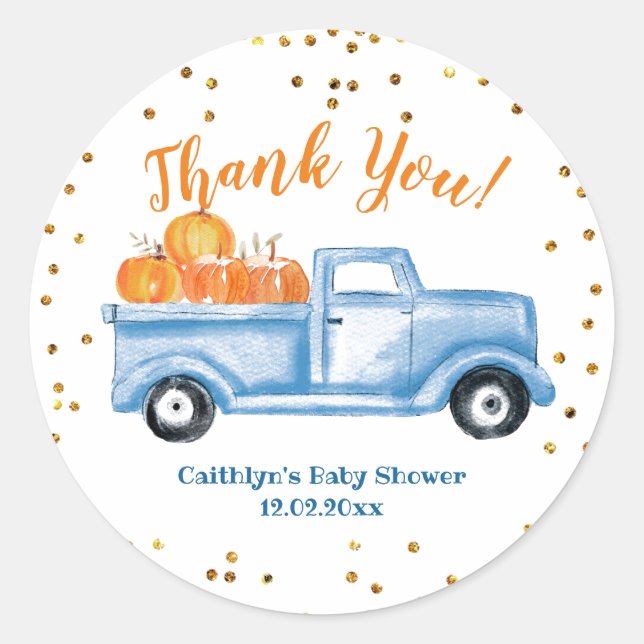 Thank you blue pumpkin truck favor sticker (Front)
