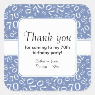 Thank You: Blue/White 70th Birthday Number Pattern Square Sticker