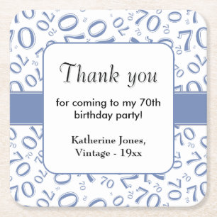 Thank You: Blue/White 70th Random Number Pattern Square Paper Coaster