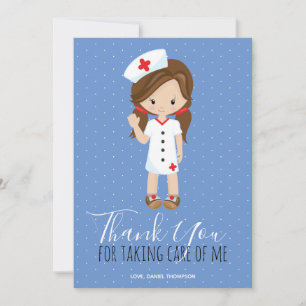 Thank You Blue White Polka Dot Brunette Nurse Card