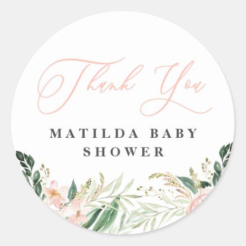 Thank you blush floral baby shower favour classic round sticker