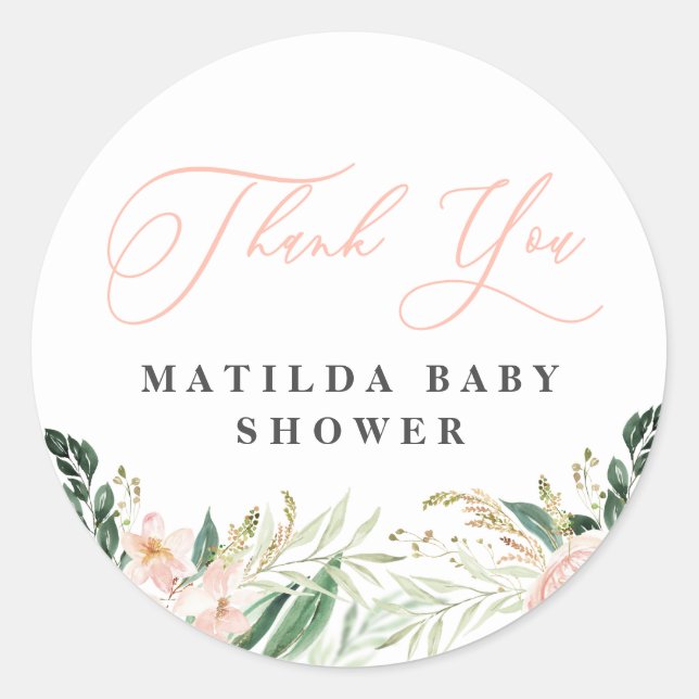 Thank you blush floral baby shower favour classic round sticker (Front)