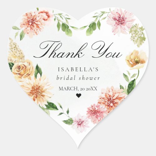 Thank You Blush Floral Romantic Bridal Shower Heart Sticker
