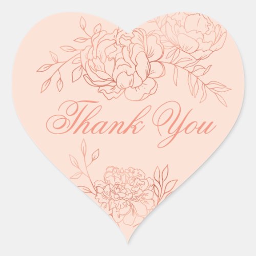 Thank You Blush Pink Rose Gold Outline Flowers Heart Sticker