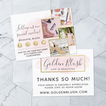 Thank You Blush Pink Watercolor & Gold 4-photo Postcard by CyanSkyDesign at Zazzle