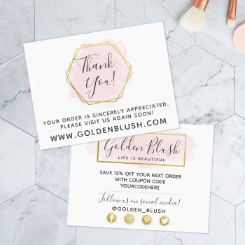 Thank You Blush Pink Watercolor & Modern Gold Geo Postcard by CyanSkyDesign at Zazzle