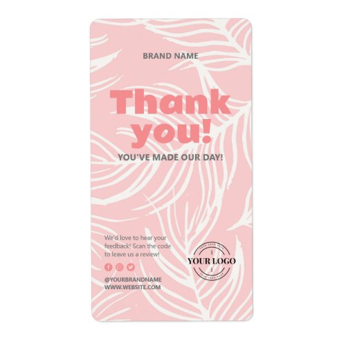 Thank You Blush Pink White Leaves Brand Box Seal Label